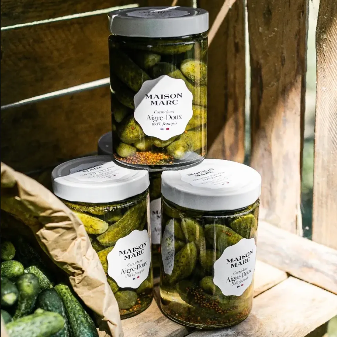 CORNICHONS AIGRE-DOUX PIMENTÉS 310g — Maison Marc, Chemilly—sur—Yonne, Bourgogne