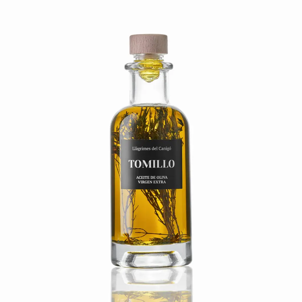 HUILE D'OLIVE AROMATISÉE AU THYM  — Llagrimes del Canigó, Agullana, Catalunya