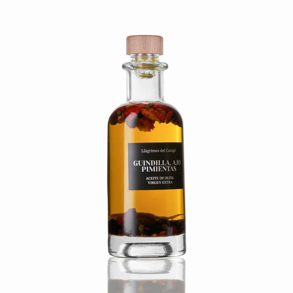 HUILE D'OLIVE AROMATISÉE AIL ET PIMENT  — Llagrimes del Canigó, Agullana, Catalunya